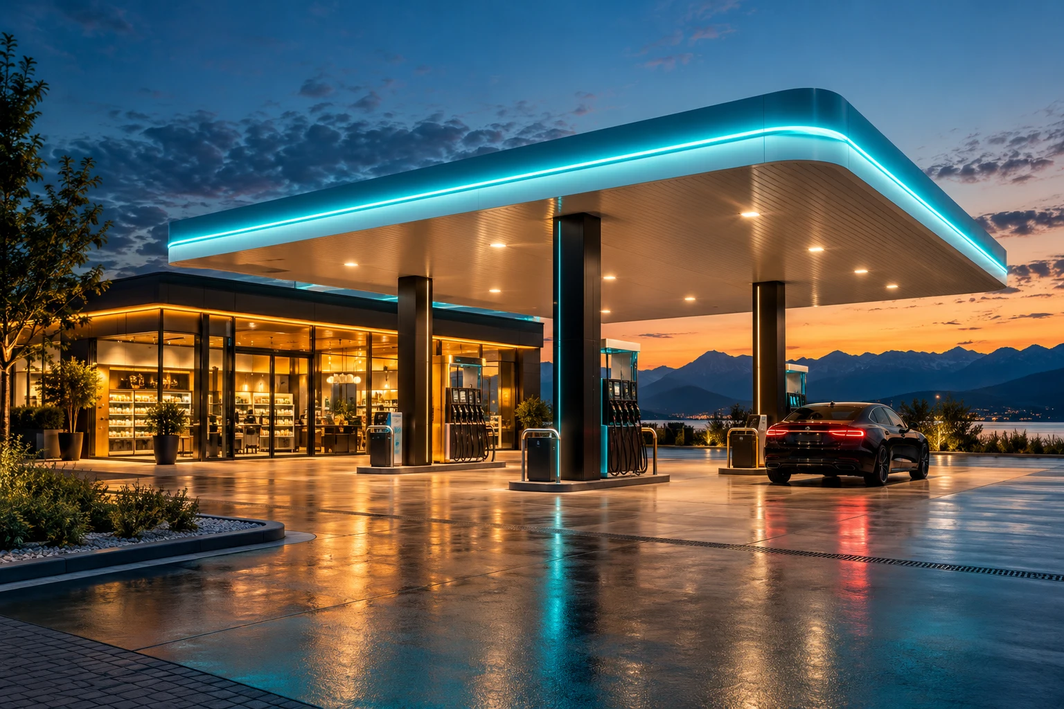 Moderne Tankstelle mit beleuchtetem Shop und türkisfarbenem Dach am Abend